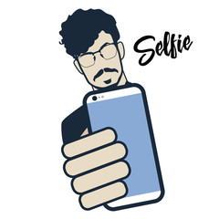 Guy taking self photo. Hipster do selfie. Mustache, Beard and Hair Style. Vector illustration.