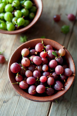 Ripe red and green gooseberry in bowls