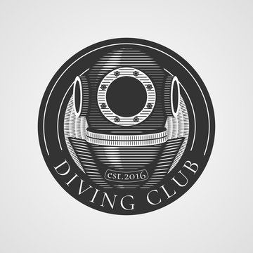 Diving and snorkeling vector logo, icon, symbol, emblem, sign, design element. Retro, vintage diving suit illustration