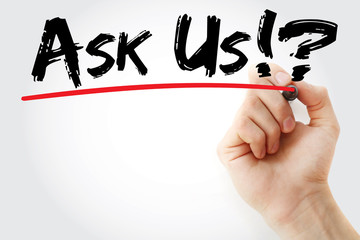Hand writing Ask Us with marker, concept background