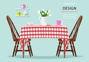Modern graphic vector concept of dining table with chairs, cups and flowers. Kitchen and cafe interior design. Flat style vector illustration. Table with red and white checked cloth.