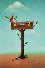 Plakaty  Fantasy ilustracja z czerwonym ptakiem i vintage walizką na drzewie