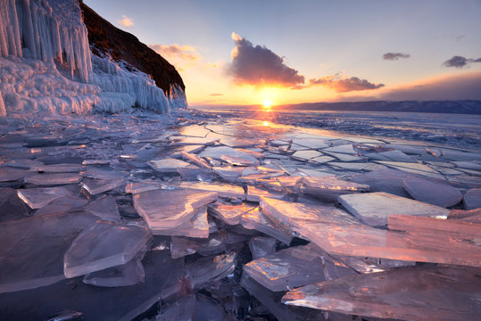 Broken ice at sunset, Baikal Lake, Olkhon Island, Siberia, Russia