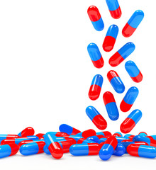 Falling colorful medical capsules isolated on white background. 3D illustration