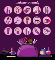 Beauty, makeup icons and Makeup bag with beautician tools.