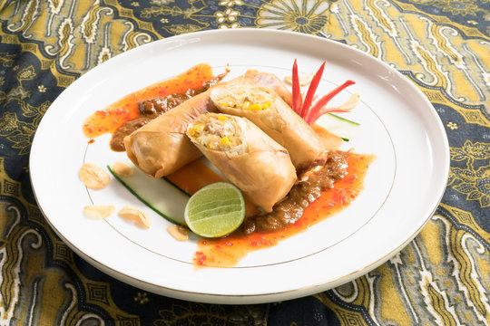 Lumpia; Indonesian traditional spring roll plate