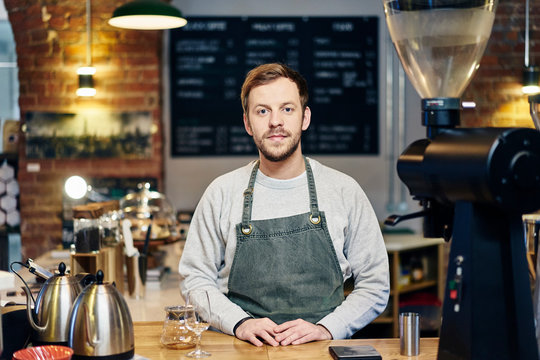 Portrait of barman at cafe counter
