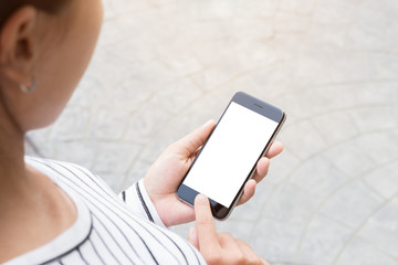 close up woman use phone on road in city