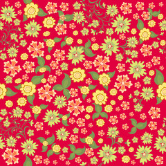 Seamless ditsy. Floral pattern. Flowers background. Vector illustration. Small pink and yellow flowers on a red background.