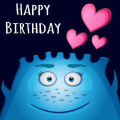 Happy birthday card design. Friendly blue funny cute little smiling monster. Vector illustration.
