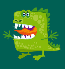 funny fairy dragon with big teeth and open hug. vector illustrat