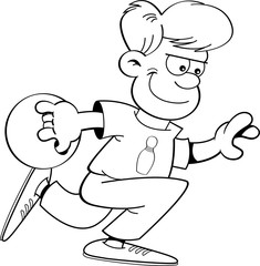 Black and white illustration of a boy throwing a bowling ball