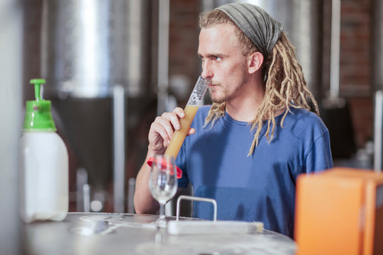Man in microbrewery quality checking craft beer
