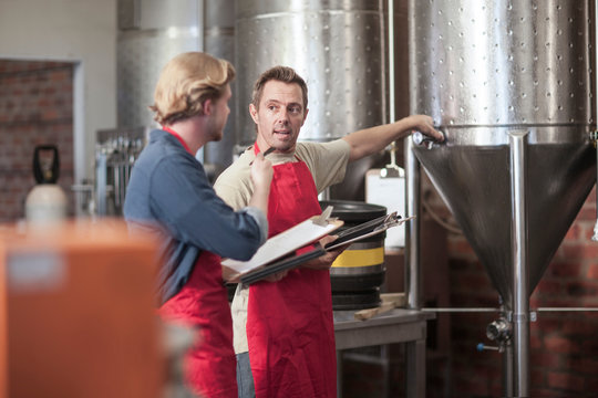Colleagues in microbrewery discussing conical tank