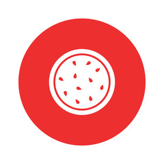 Watermelon icon. Juicy ripe fruit on red background