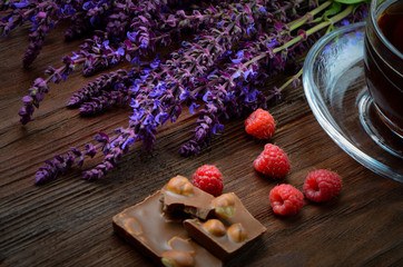 Still life with raspberries and chocolate