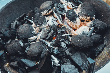 Burning charcoal fire in a barbecue