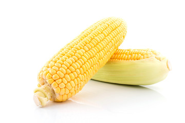 corn cob isolated on white background with. with green leaves