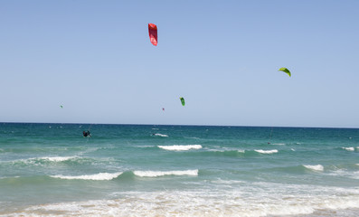 People practicing kitesurf on the beach of Torre Canne