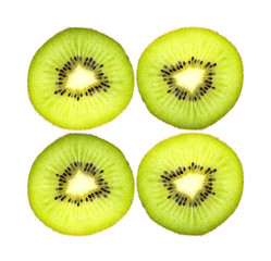 Kiwi fruit is cut into sheets placed on a white background.