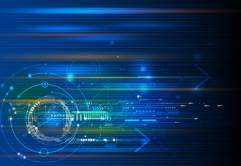 Vector Abstract technology background with eyeball, circuit board, speed motion blur of light rays, arrow, stripe line on dark blue background. Hi-tech, science, futuristic, energy technology concept