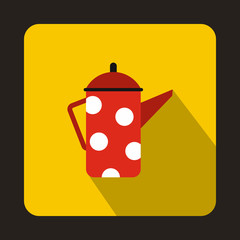 Retro red coffee kettle with white dots icon in flat style on a yellow background