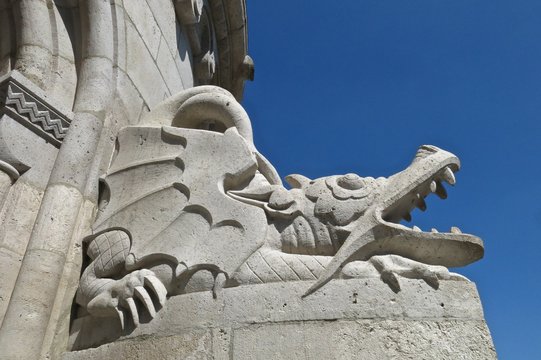 Budapest, Hungary Fisherman’s Bastion carved dragon detail
