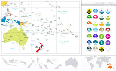 Australia and Oceania detailed political map and flat icon set