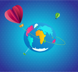 Paper folded travel illustration. Hot air balloon in a shape of a heart flies around the globe. There are also small UFO and other balloon.