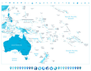 Australia and Oceania detailed political map in colors of blue a