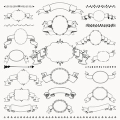 Vector Hand Drawn Vintage Frames, Ribbons, Banners