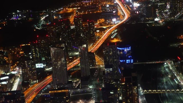 A Timelapse aerial of traffic Toronto at night