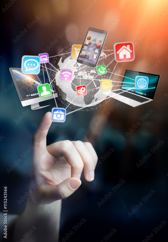 Wall mural tech devices and icons connected to digital planet earth