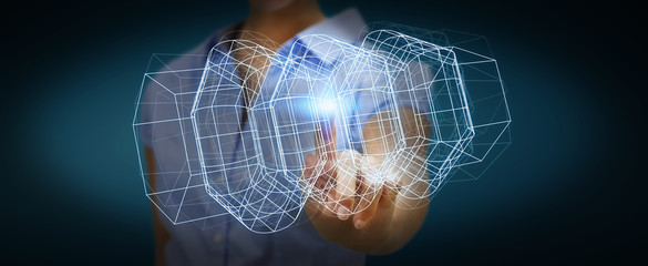 Businesswoman holding digital 3D engine