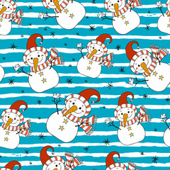 Seamless vector pattern with funny snowman. New year and christmas design.