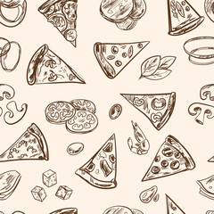 Seamless pattern with sliced italian pizza cheese, pepperoni, salami, mushrooms, tomatoes, olives