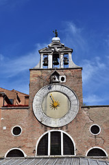 San Giacomo di Rialto ancient medieval clock and bell tower, in the market square, the oldest church in Venice