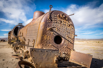 Abandoned rusty old train in train cemetery, Bolivia