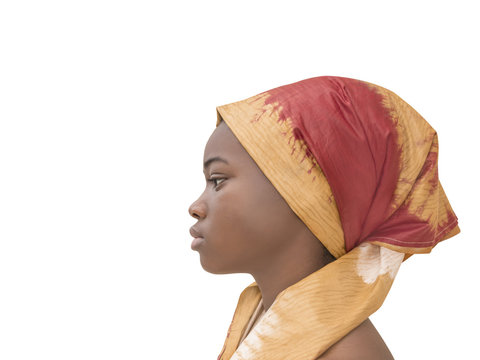 Portrait Of A Young Afro Beauty Wearing A Headscarf, Side View, Isolated  