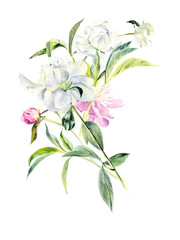 Peony. Decoration with blooming peony. Flower backdrop. Watercolor hand drawing illustration.