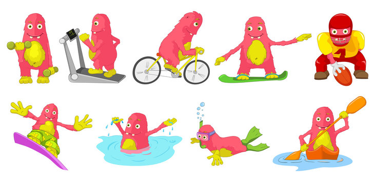Vector set of pink monsters sport cartoon illustrations.