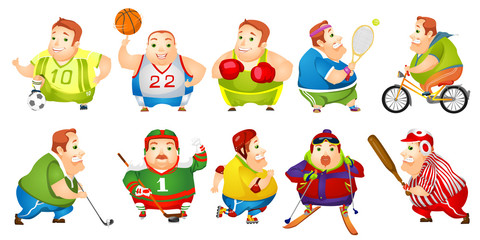Obraz na płótnie Canvas Vector set of funny fat man sport illustrations.