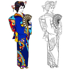 Coloring book page for adult. Black ink illustration, contour drawing for coloring. Japanese woman in a kimono. Hand drawn artwork.