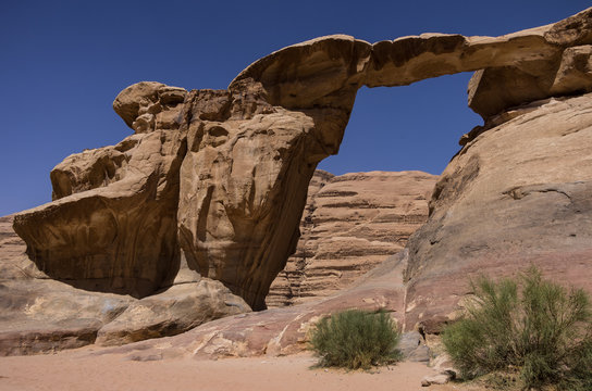 Scenic view of Um Fruth rock bridge in Wadi Rum desert, Jordan.
