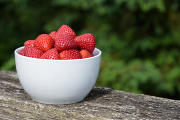 Fresh strawberries in a white bowl, on a deck railing with greenery in the background
