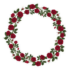 Round wreath of red roses. Floral frame of flowers and buds. Template for greeting card.