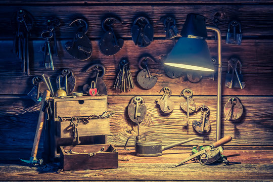 Ancient tools in old locksmiths workshop