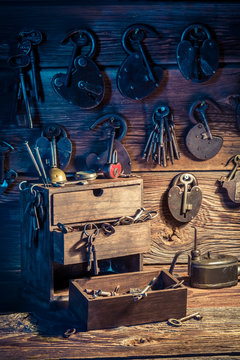 Keys and locks in small locksmiths workshop