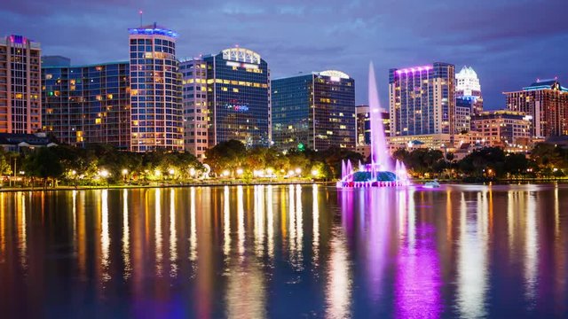 Orlando, Florida City Skyline On Lake Eola As Night Falls - Time Lapse