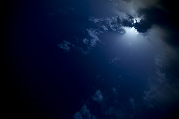 The moon behind the clouds in the night sky.
